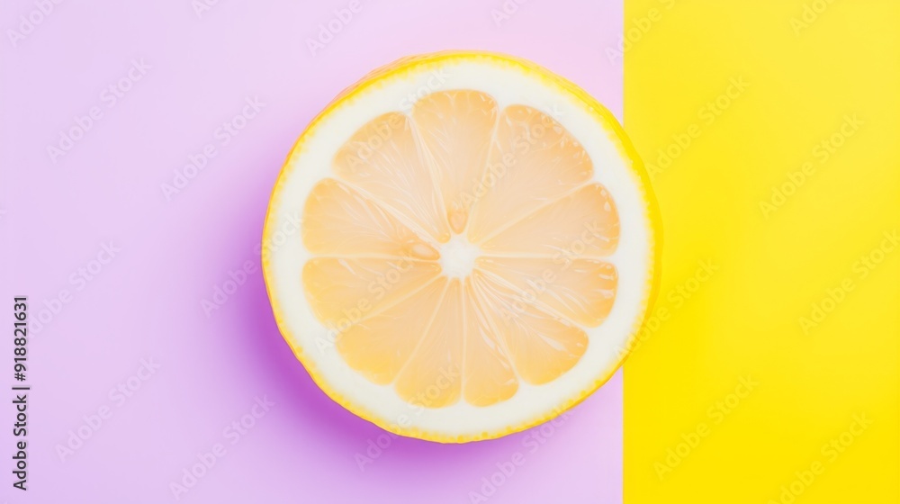 A vibrant lemon half sits on a colorful background, showcasing its juicy interior and adding a cheerful touch to the setting A vibrant lemon half sits on a colorful background, showcasing its juicy interior and adding a cheerful touch to the setting