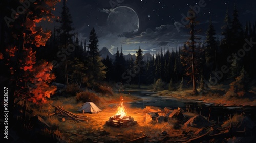 A campfire burns bright in a forest clearing under a starry sky and a crescent moon. photo