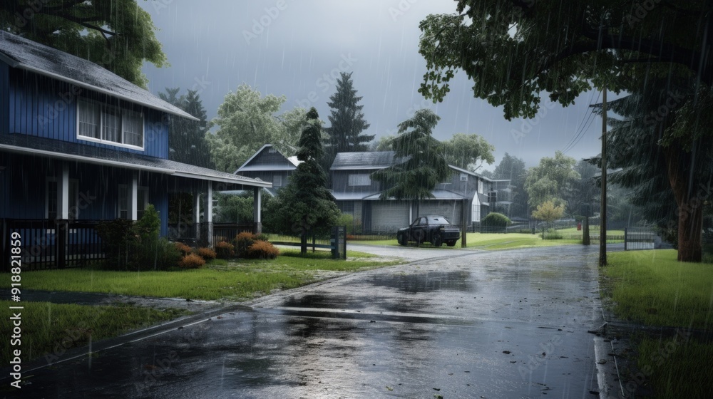 A car drives down a quiet suburban street during a rainstorm. A car drives down a quiet suburban street during a rainstorm.
