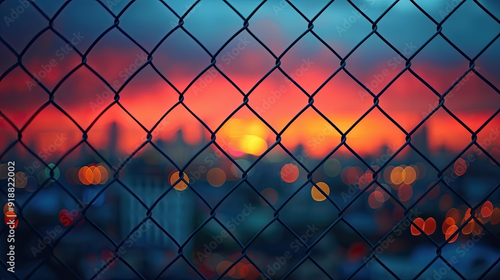 Fototapeta premium chain link fence with city lights in the background at sunset