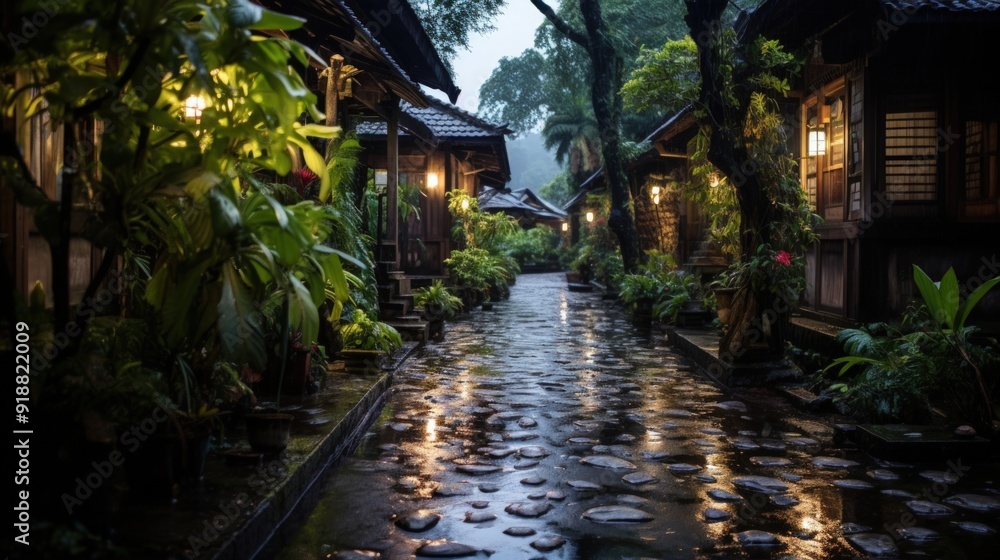 A cobblestone path in a garden with traditional houses, lit by lanterns, after rain. A cobblestone path in a garden with traditional houses, lit by lanterns, after rain.