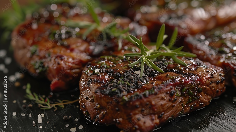 Barbecue dry aged wagyu ribeye beef steaks with herb and black salt served as closeup on a black board with copy space right : Generative AI Barbecue dry aged wagyu ribeye beef steaks with herb and black salt served as closeup on a black board with copy space right : Generative AI