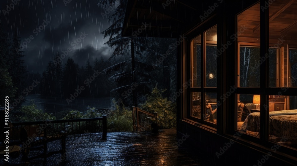 A cozy cabin with a warm interior glows in the darkness as rain falls heavily outside. A cozy cabin with a warm interior glows in the darkness as rain falls heavily outside.