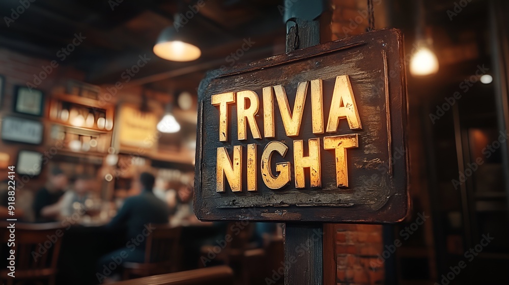 Sign that reads “TRIVIA NIGHT” - bar - lounge - club - restaurant - tavern - wooden sign - rustic - happy hour