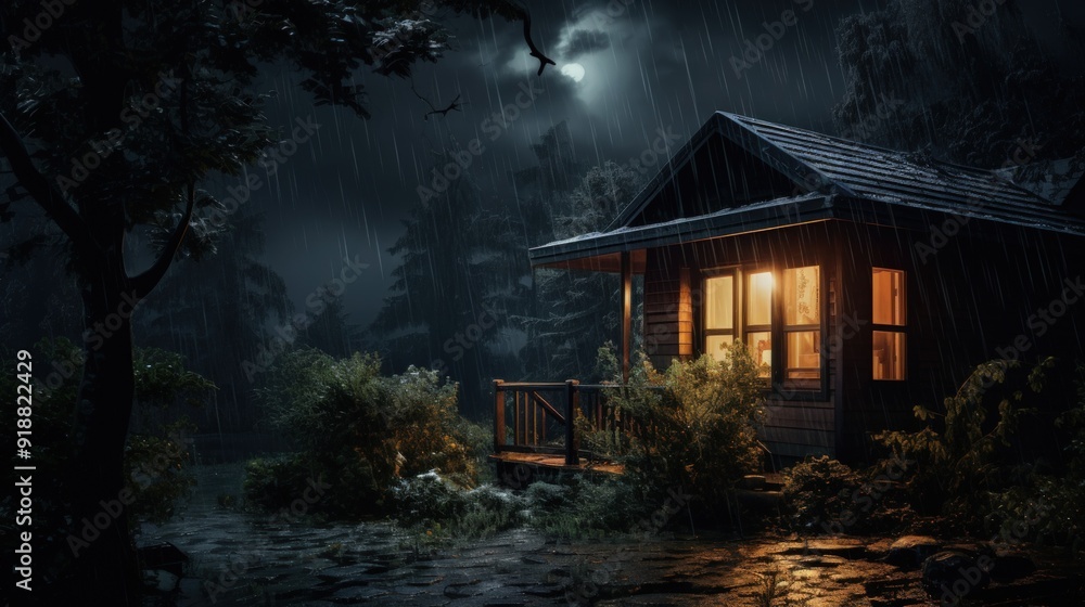 A cozy cabin with warm lights glows in the dark and rainy woods. A cozy cabin with warm lights glows in the dark and rainy woods.