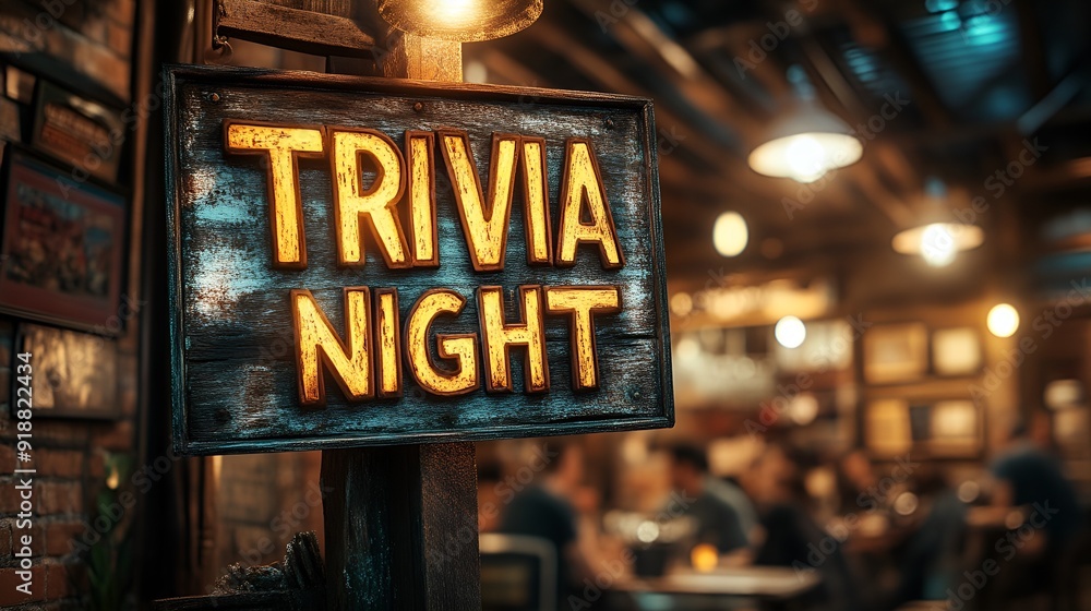 Sign that reads “TRIVIA NIGHT” - bar - lounge - club - restaurant - tavern - wooden sign - rustic - happy hour