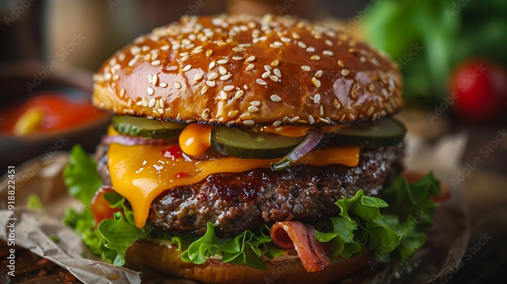 Abstract junk food Quadruple burger with cheese cucumber and lettuce Fast food background texture : Generative AI Abstract junk food Quadruple burger with cheese cucumber and lettuce Fast food background texture : Generative AI