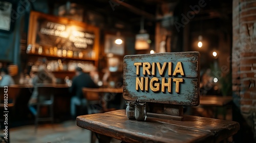 Sign that reads “TRIVIA NIGHT” - bar - lounge - club - restaurant - tavern - wooden sign - rustic - happy hour 