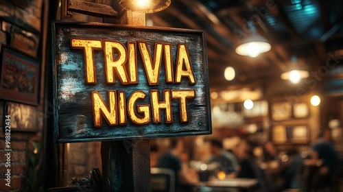 Sign that reads “TRIVIA NIGHT” - bar - lounge - club - restaurant - tavern - wooden sign - rustic - happy hour 