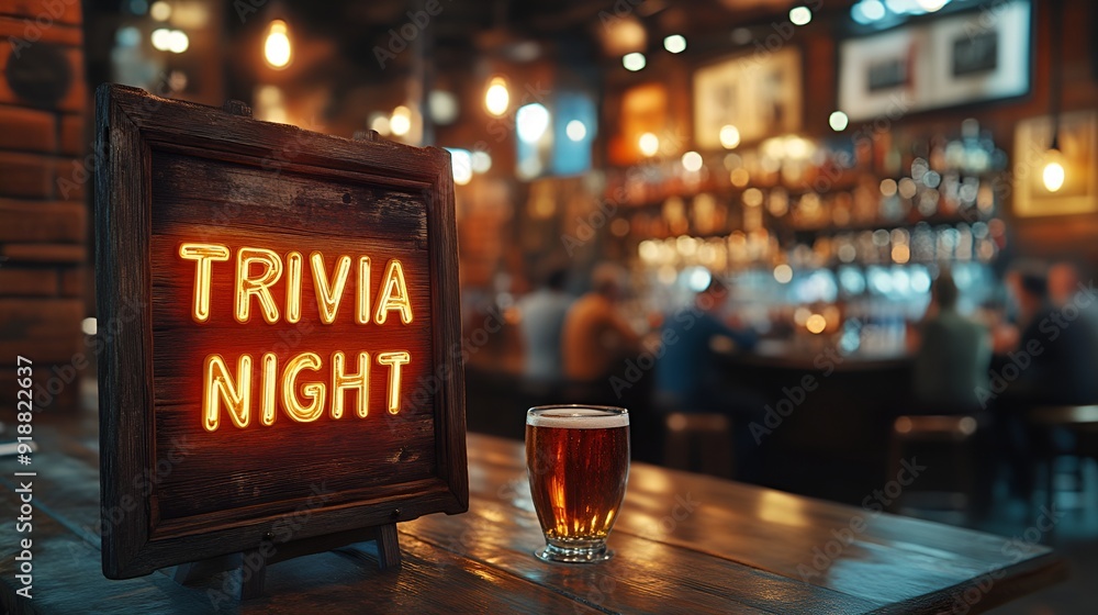 Sign that reads “TRIVIA NIGHT” - bar - lounge - club - restaurant - tavern - wooden sign - rustic - happy hour