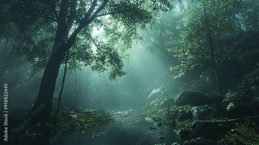 A Serene Forest Stream Bathed in Morning Light A Serene Forest Stream Bathed in Morning Light