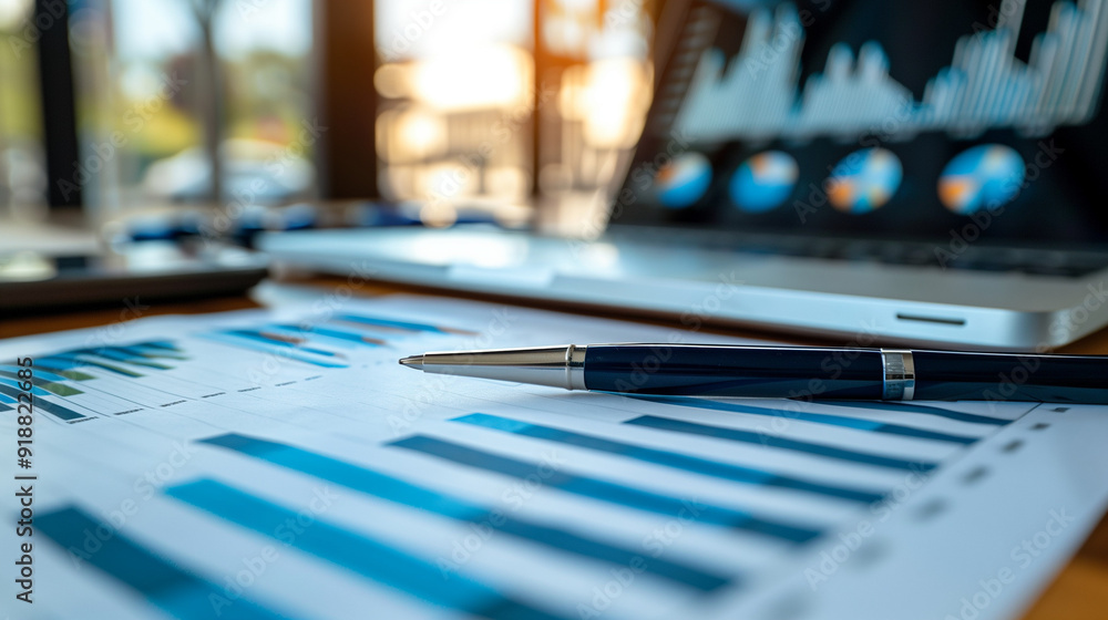 Office desk. Charts, laptop and pen. Photo illustration for business Office desk. Charts, laptop and pen. Photo illustration for business