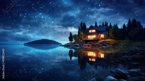 A cozy cabin with warm lights, nestled on the lakeshore, under a starry sky.