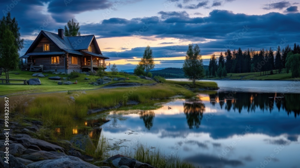 Obraz premium A cozy wooden cabin nestled on a grassy hillside overlooking a tranquil lake with a picturesque sunset sky.