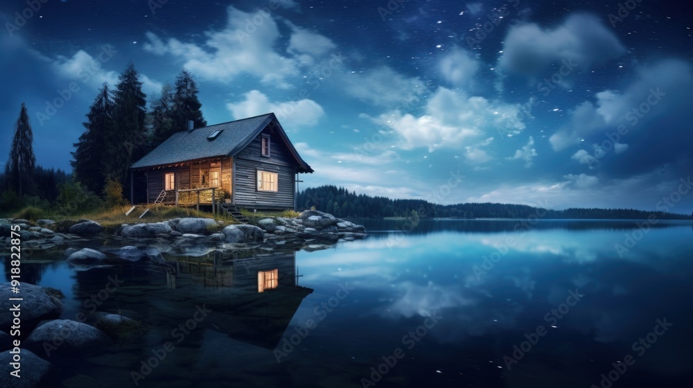 Fototapeta premium A cozy wooden cabin with glowing windows sits on the shore of a tranquil lake under a starry sky.