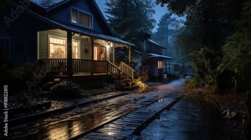 Wallpaper Mural A cozy house with a porch light on a rainy night in the woods. Torontodigital.ca