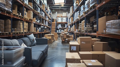 Startup business space filled with merchandise in boxes to ship to clients products in cardboard packages used for supply chain distribution Empty warehouse with merchandise and depot : Generative AI