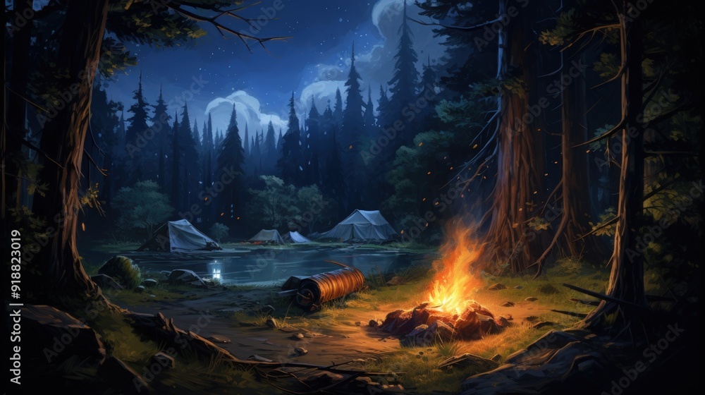 A crackling campfire illuminates the forest floor at night, casting an ethereal glow on the surrounding trees and tents. A crackling campfire illuminates the forest floor at night, casting an ethereal glow on the surrounding trees and tents.