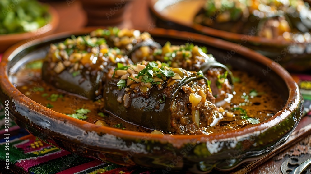 Chile en Nogada Typical dish from Mexico Prepared with poblano chili stuffed with meat and fruits and covered with a walnut sauce Named as the quintessential Mexican dish for national : Generative AI Chile en Nogada Typical dish from Mexico Prepared with poblano chili stuffed with meat and fruits and covered with a walnut sauce Named as the quintessential Mexican dish for national : Generative AI