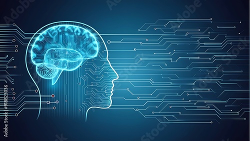 Electronic Brain and Concept of Artificial Intelligence AI Featuring a Digital Brain and Human Head Outline Made from Circuit Board on a Dark Blue Background. photo