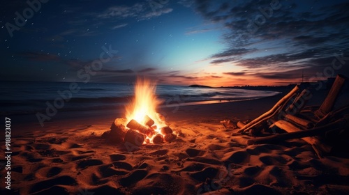 A crackling campfire on a sandy beach under a starlit sky.