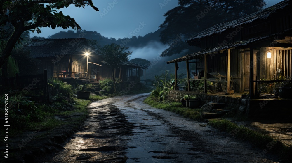 A dark, mysterious dirt road leads between two old wooden houses at dusk, with mist filling the background. A dark, mysterious dirt road leads between two old wooden houses at dusk, with mist filling the background.