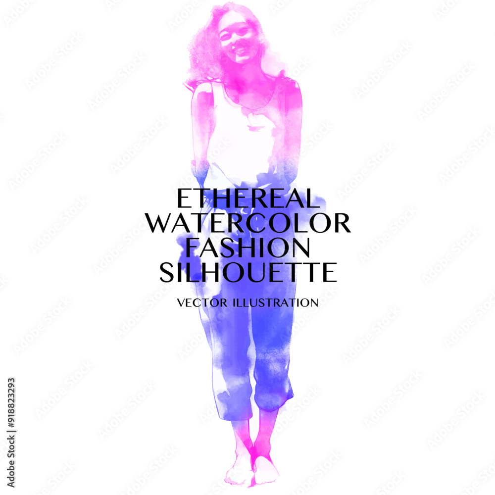 A young woman stands smiling with purple and blue watercolor effects. A young woman stands smiling with purple and blue watercolor effects.