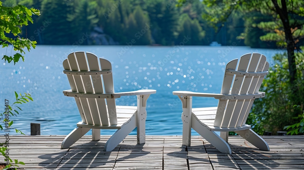 Side view of two white Adirondack chairs on a cottage wooden dock facing the blue water of a lake in Muskoka Ontario Canada on a beautiful sunny summer day : Generative AI Side view of two white Adirondack chairs on a cottage wooden dock facing the blue water of a lake in Muskoka Ontario Canada on a beautiful sunny summer day : Generative AI