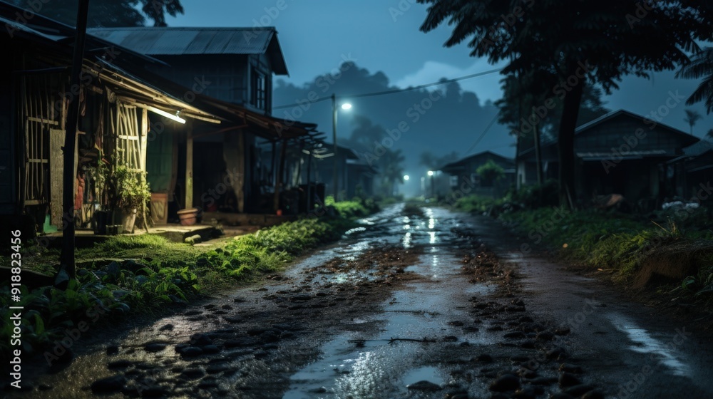 A dimly lit, muddy path through a rural village at dusk. A dimly lit, muddy path through a rural village at dusk.