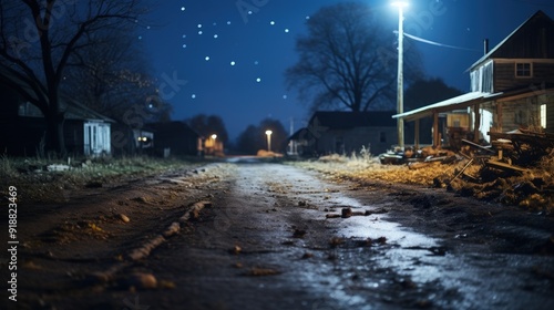 A dirt road leading into a small town at night with streetlights and a starry sky.