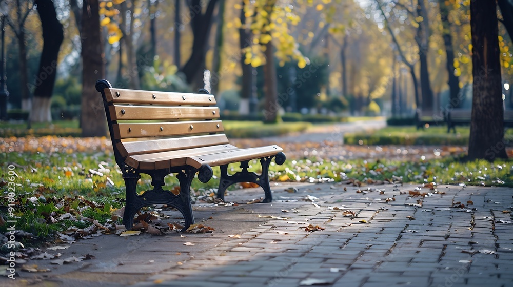 Empty park bench on a sidewalk urban setting : Generative AI Empty park bench on a sidewalk urban setting : Generative AI
