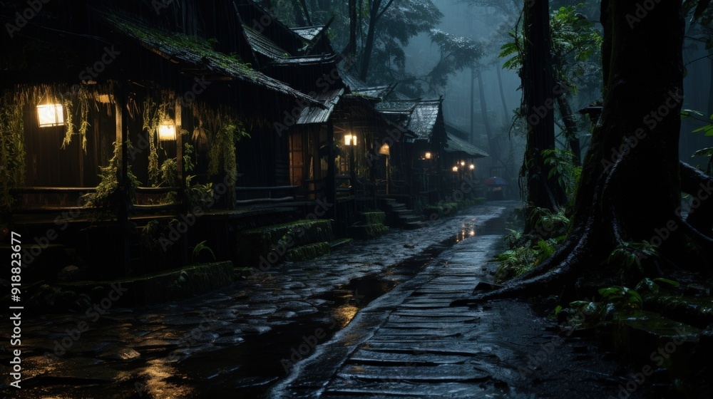A foggy forest path lined with wooden houses at night, lit by lanterns. A foggy forest path lined with wooden houses at night, lit by lanterns.