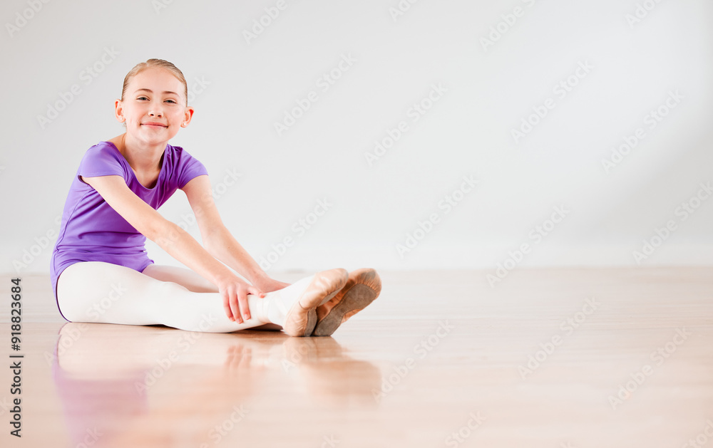 Ballet, girl and stretching with portrait in studio for routine practice, leg position training and performance rehearsal. Ballerina, dancer or happy at art academy with fitness, technique and mockup Ballet, girl and stretching with portrait in studio for routine practice, leg position training and performance rehearsal. Ballerina, dancer or happy at art academy with fitness, technique and mockup