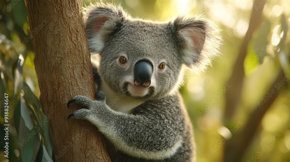 Fototapeta premium Adorable Koala Clinging to Tree Branch in Close-up, Symbolizing Save the Koala Day Conservation Efforts