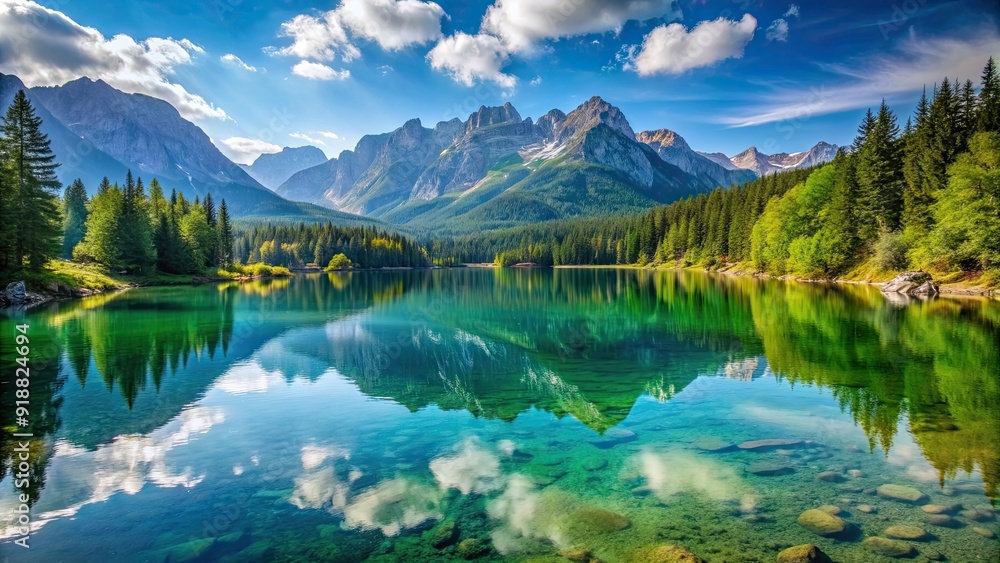Fototapeta premium Serene lake nestled in the mountain range , nature, landscape, water, mountains, tranquil, reflection, scenic, beauty, wilderness