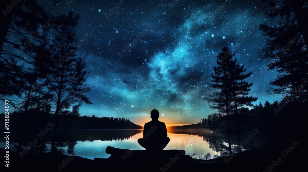 A man sits by a lake, silhouetted against the starry night sky. A man sits by a lake, silhouetted against the starry night sky.