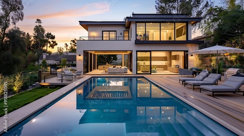 An evening view of an outdoor pool located on a deck adjacent to a house New Construction Home in Tarzana California : Generative AI photo