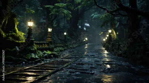 A mysterious path in a dark forest lit by lanterns, rain falling around.