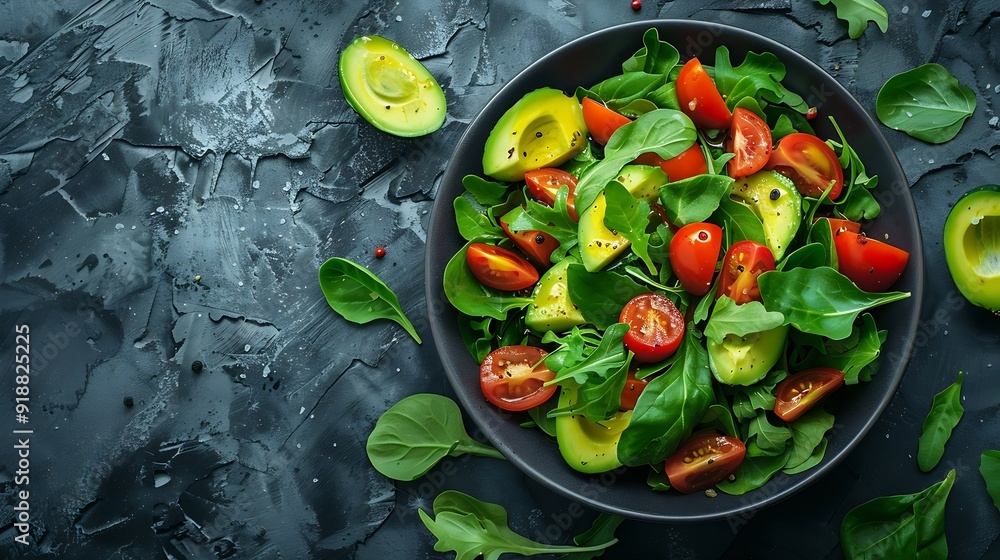 Avocado and fresh tomatoes salad in bowl on gray stone background top view Concept Food For Parties Fast Food Healthy lunch Food delivery in disposable plate of craft paper : Generative AI Avocado and fresh tomatoes salad in bowl on gray stone background top view Concept Food For Parties Fast Food Healthy lunch Food delivery in disposable plate of craft paper : Generative AI