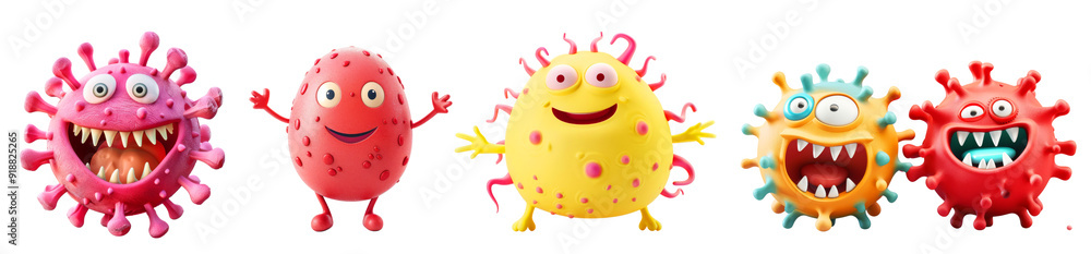 Fototapeta premium Cheerful cartoon viruses with varied expressions, showing a mix of happy and mischievous faces