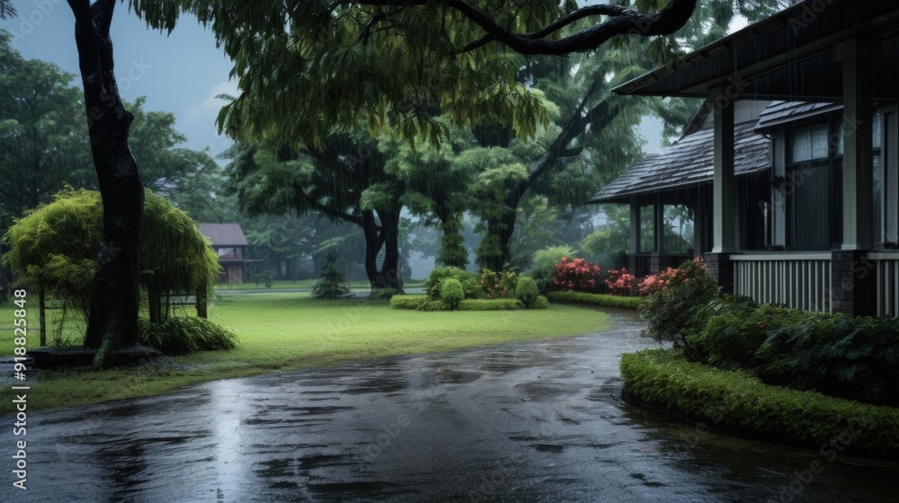 A rainy day in a lush garden with a path leading to a house. A rainy day in a lush garden with a path leading to a house.