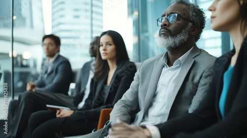 diverse group waiting anxiously in sleek corporate lobby interview tension photo