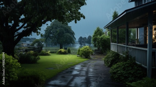 A rainy day in the countryside with a house with a porch, a lawn with greenery and a pathway leading to it.