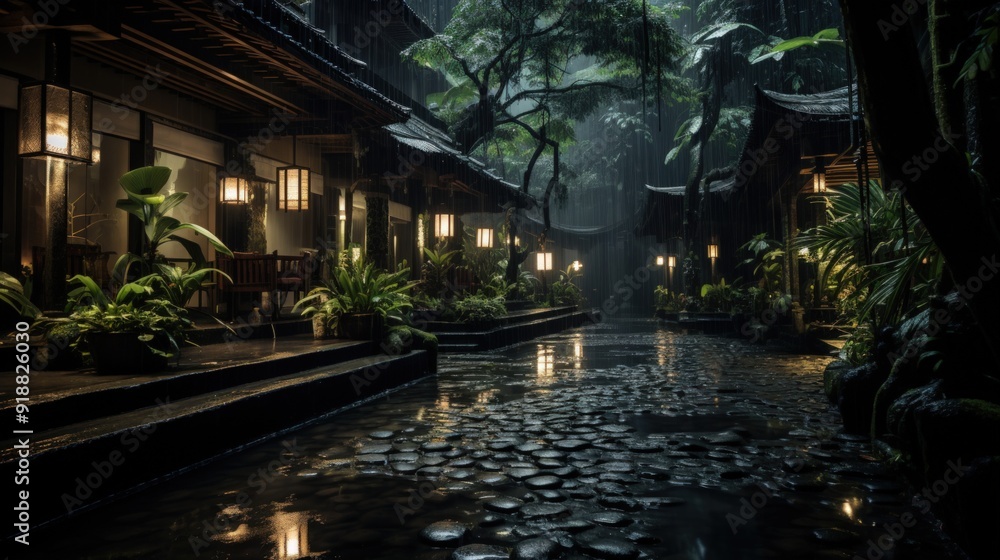 Obraz premium A rainy night in a traditional Asian courtyard, lit by lanterns and featuring a stone pathway.