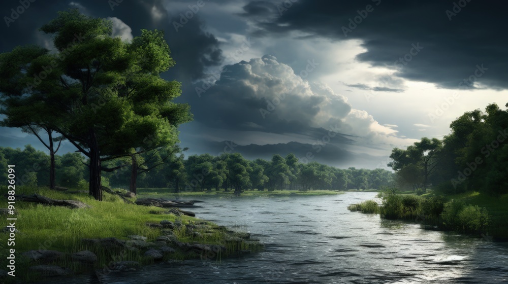 A river flows through a lush forest with a stormy sky above. A river flows through a lush forest with a stormy sky above.