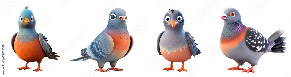 Naklejka premium Charming cartoon pigeons in various poses with detailed feathers and expressive faces