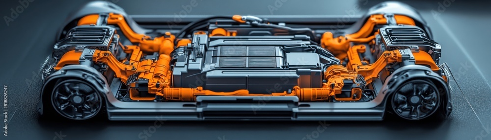 Close-up view of a modern electric vehicle's battery and drivetrain components showcasing innovative technology and design. Close-up view of a modern electric vehicle's battery and drivetrain components showcasing innovative technology and design.