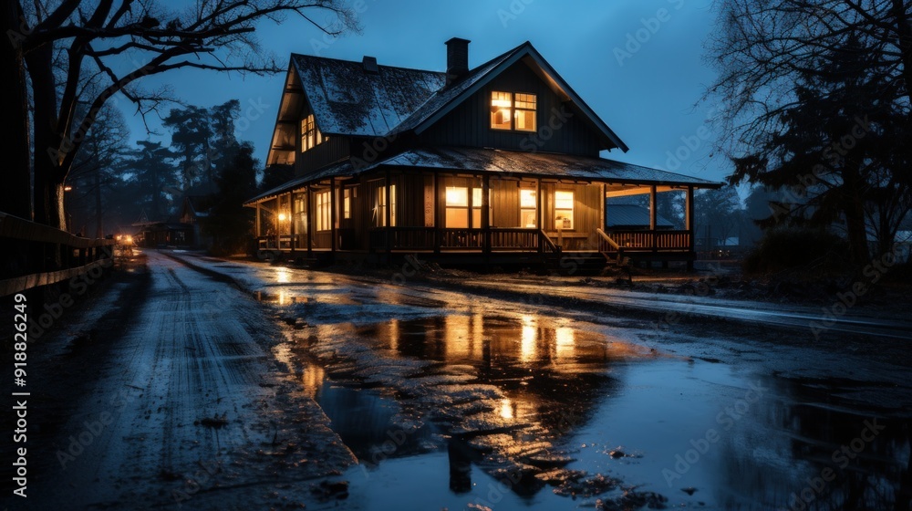 Fototapeta premium A rustic house with lit windows on a foggy evening by a dirt road with puddles reflecting the lights.