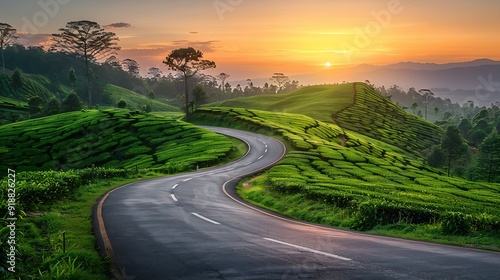 Country road and green tea plantation natural landscape at sunset : Generative AI photo