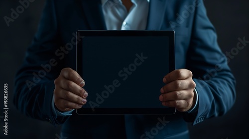 Businessman holding tablet pc with blank screen : Generative AI